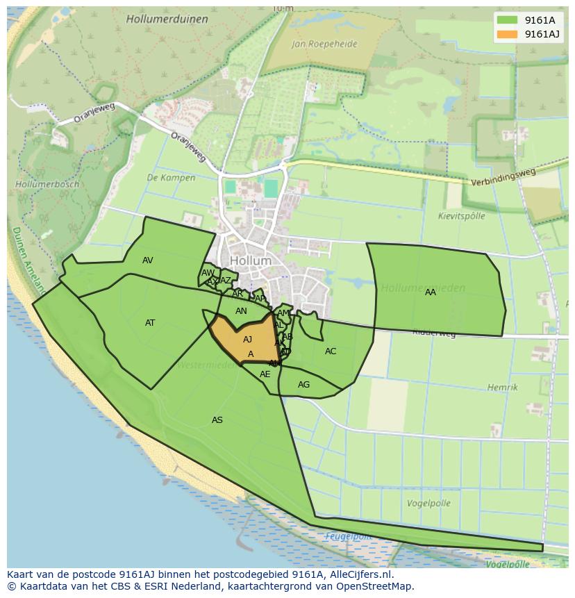 Afbeelding van het postcodegebied 9161 AJ op de kaart.