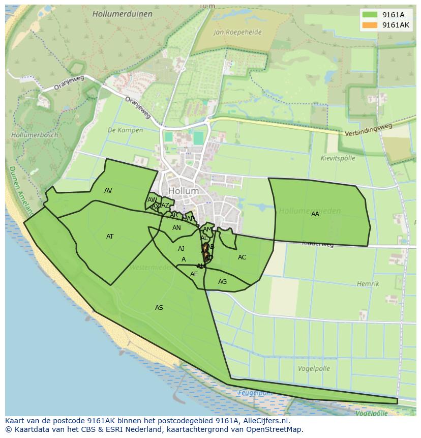Afbeelding van het postcodegebied 9161 AK op de kaart.