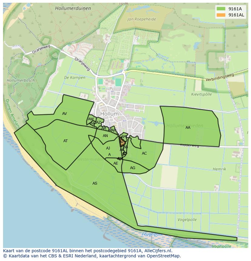 Afbeelding van het postcodegebied 9161 AL op de kaart.