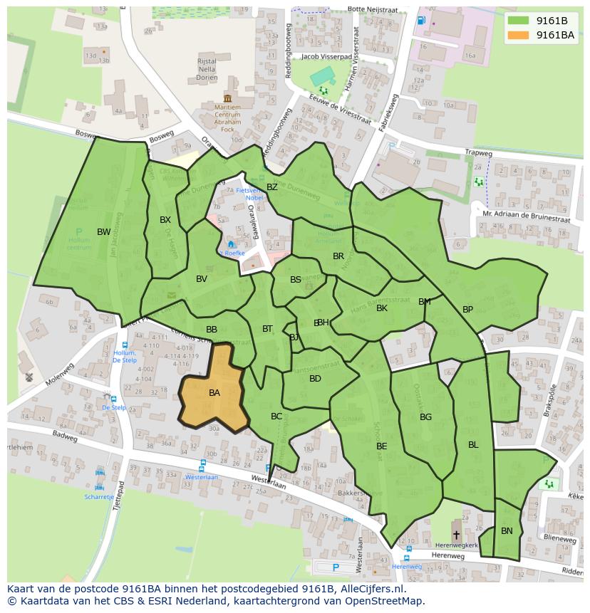 Afbeelding van het postcodegebied 9161 BA op de kaart.