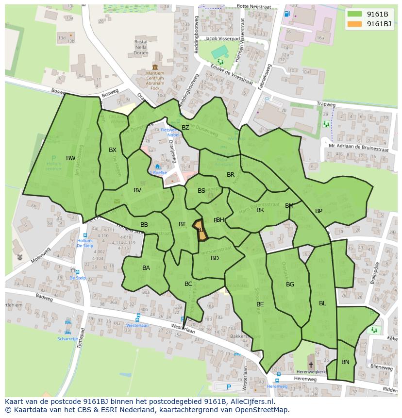 Afbeelding van het postcodegebied 9161 BJ op de kaart.