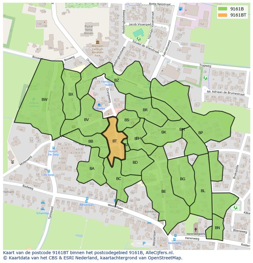 Afbeelding van het postcodegebied 9161 BT op de kaart.