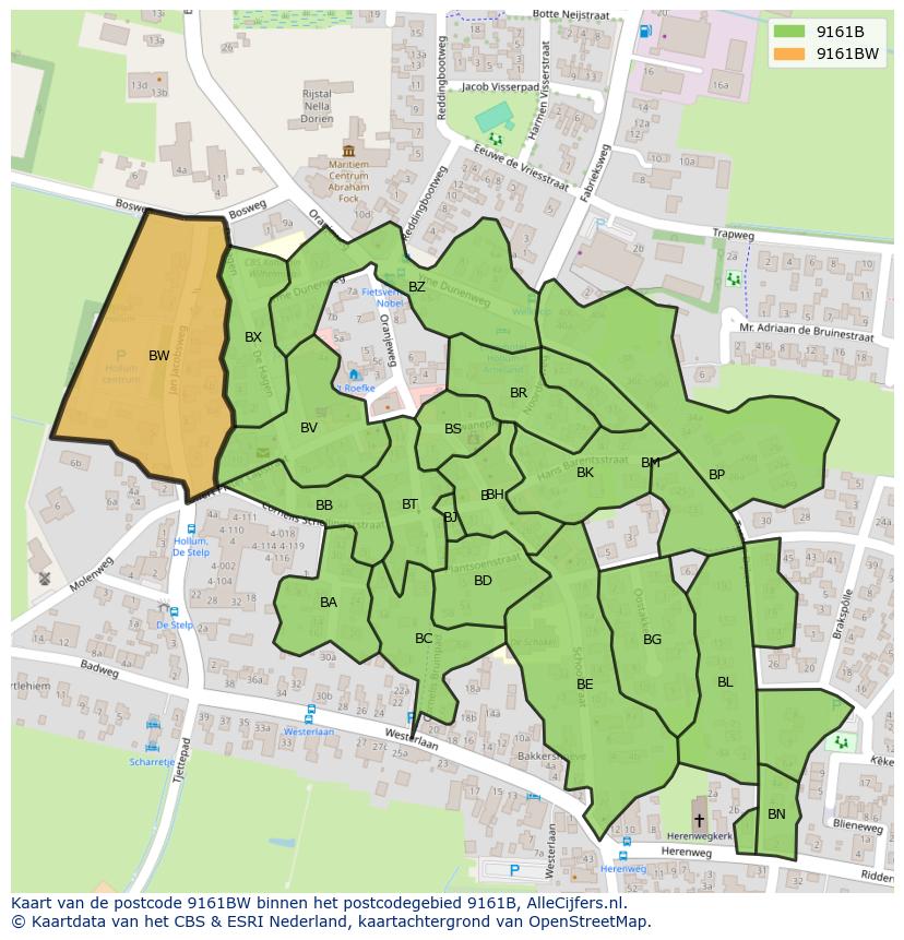 Afbeelding van het postcodegebied 9161 BW op de kaart.