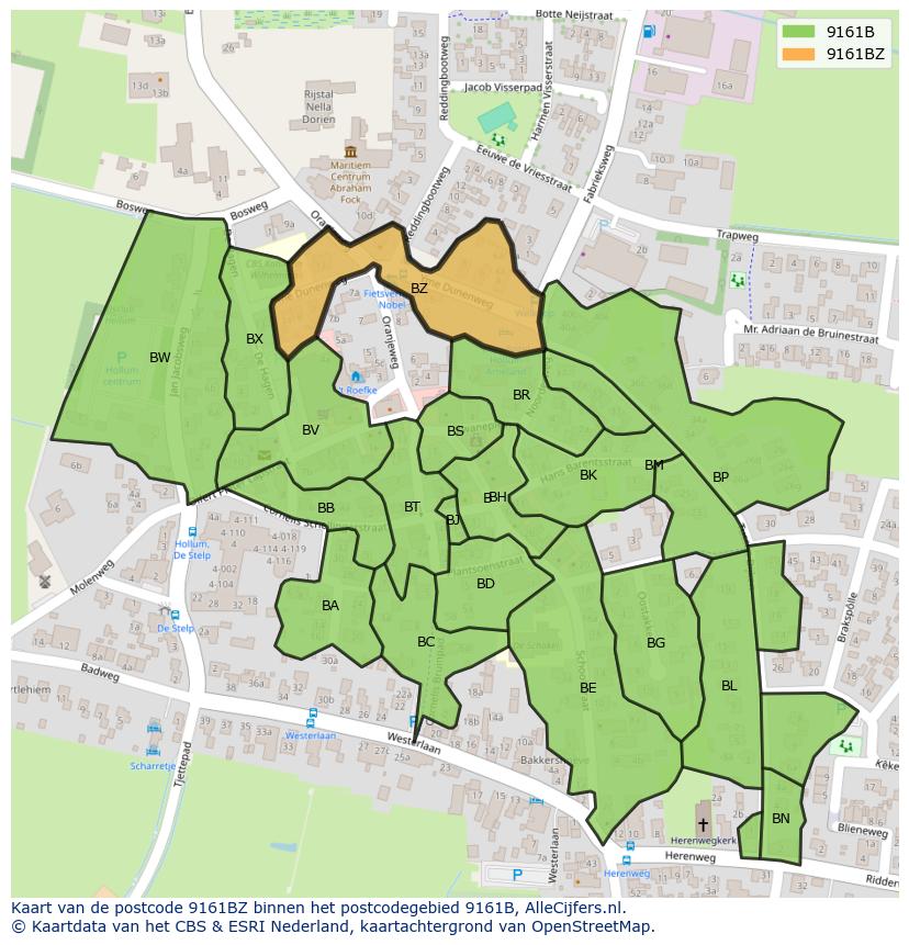 Afbeelding van het postcodegebied 9161 BZ op de kaart.