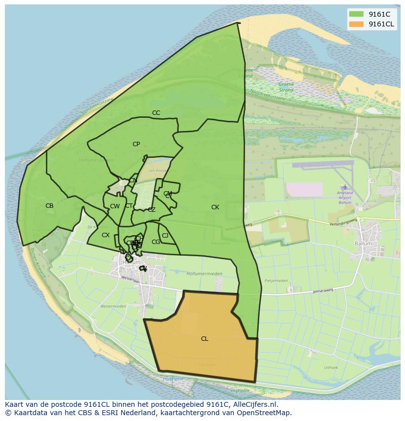 Afbeelding van het postcodegebied 9161 CL op de kaart.