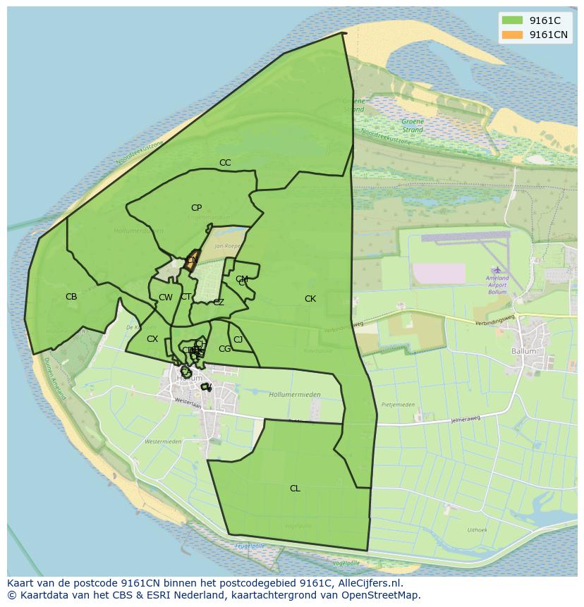 Afbeelding van het postcodegebied 9161 CN op de kaart.