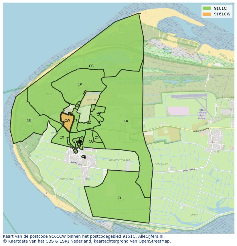 Afbeelding van het postcodegebied 9161 CW op de kaart.