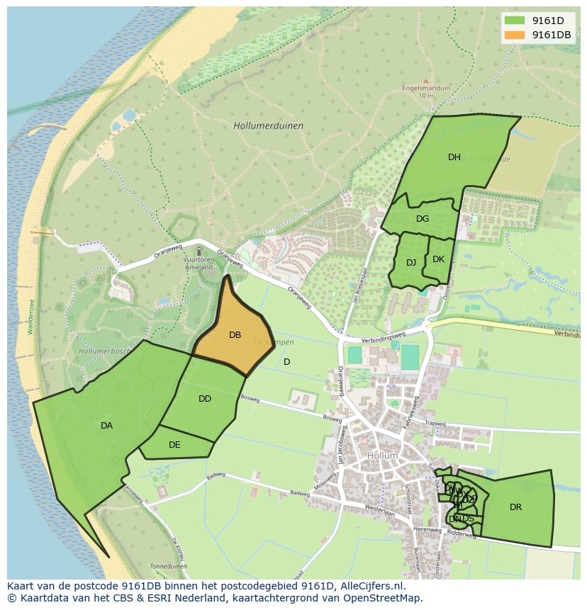 Afbeelding van het postcodegebied 9161 DB op de kaart.