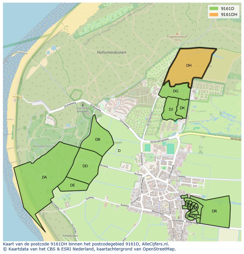 Afbeelding van het postcodegebied 9161 DH op de kaart.