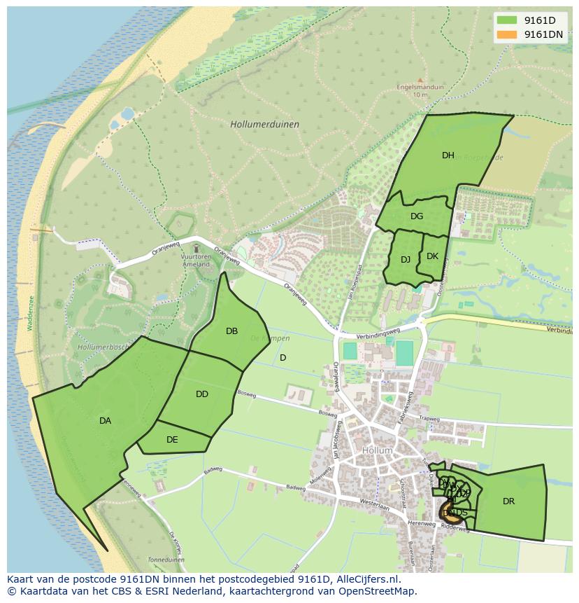 Afbeelding van het postcodegebied 9161 DN op de kaart.