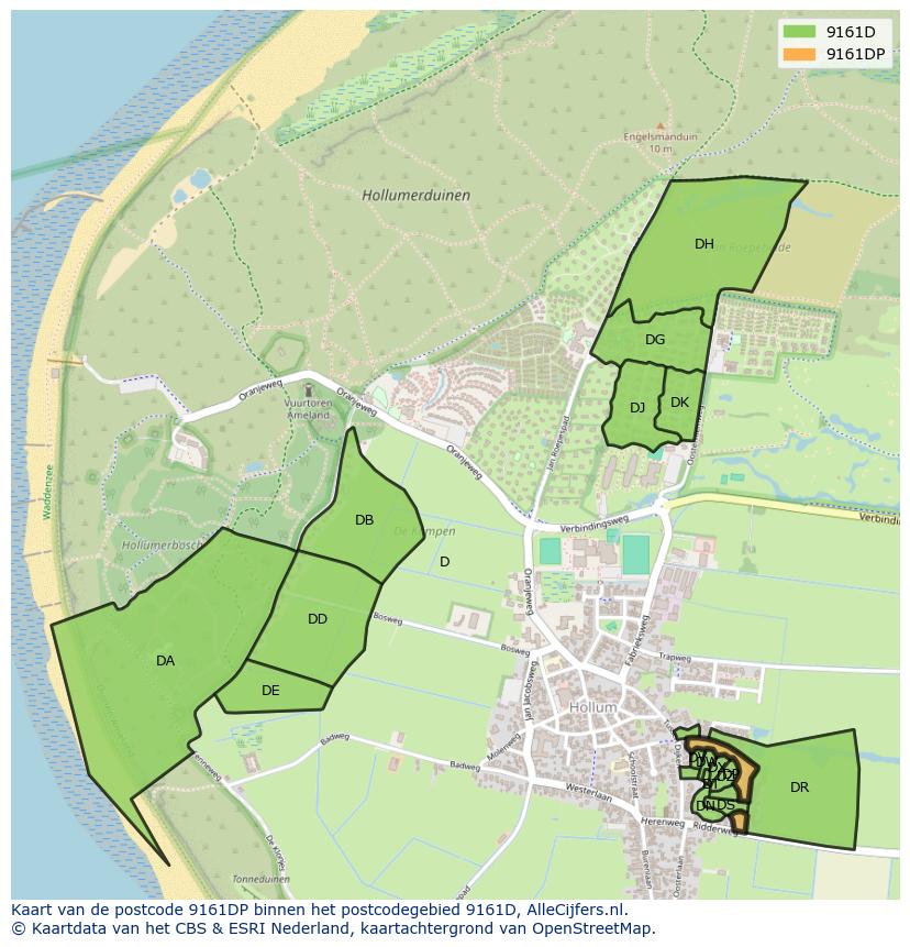 Afbeelding van het postcodegebied 9161 DP op de kaart.