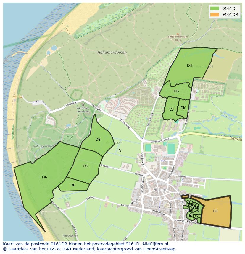 Afbeelding van het postcodegebied 9161 DR op de kaart.