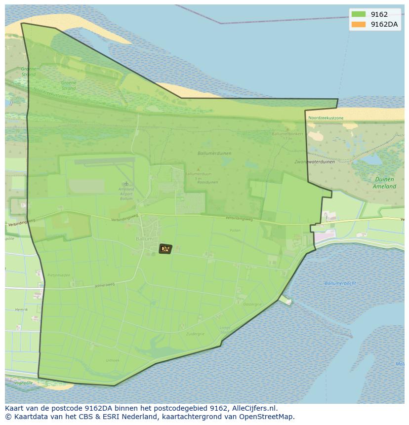 Afbeelding van het postcodegebied 9162 DA op de kaart.