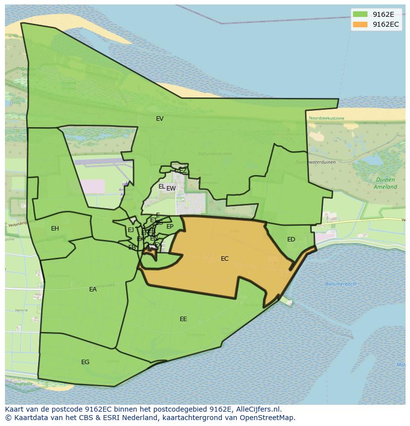 Afbeelding van het postcodegebied 9162 EC op de kaart.