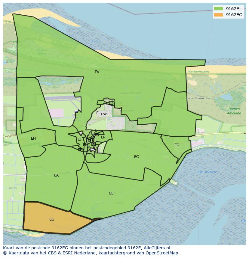 Afbeelding van het postcodegebied 9162 EG op de kaart.