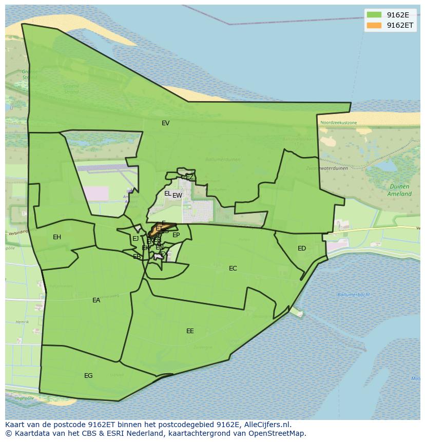 Afbeelding van het postcodegebied 9162 ET op de kaart.