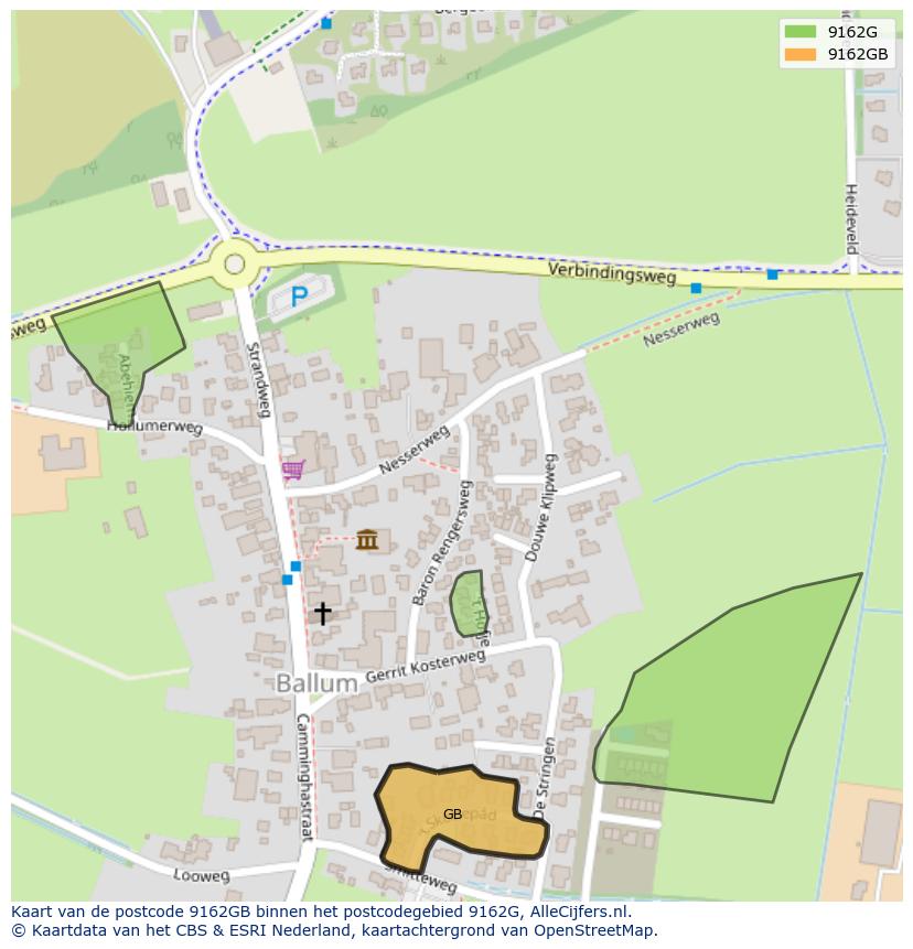 Afbeelding van het postcodegebied 9162 GB op de kaart.