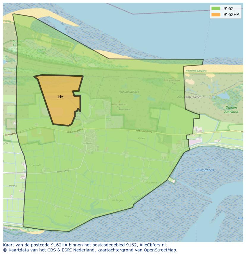 Afbeelding van het postcodegebied 9162 HA op de kaart.