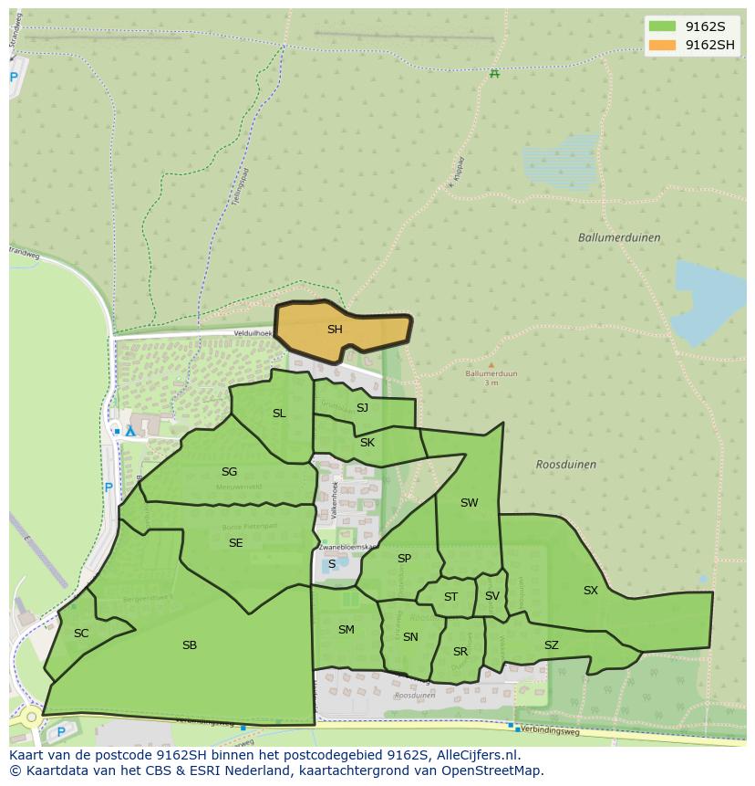 Afbeelding van het postcodegebied 9162 SH op de kaart.