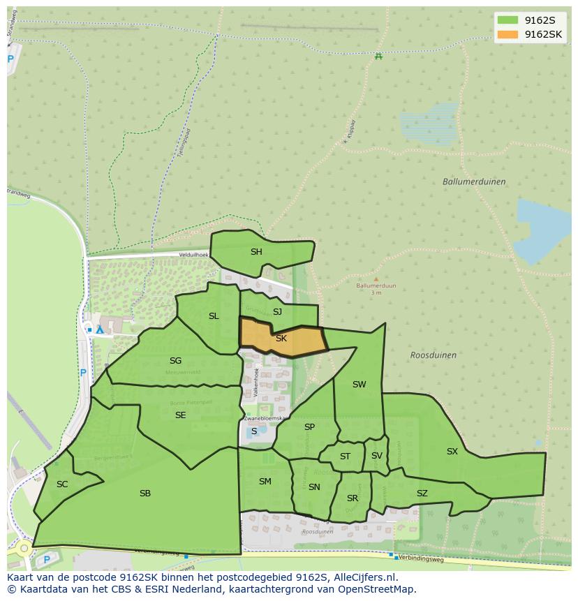 Afbeelding van het postcodegebied 9162 SK op de kaart.