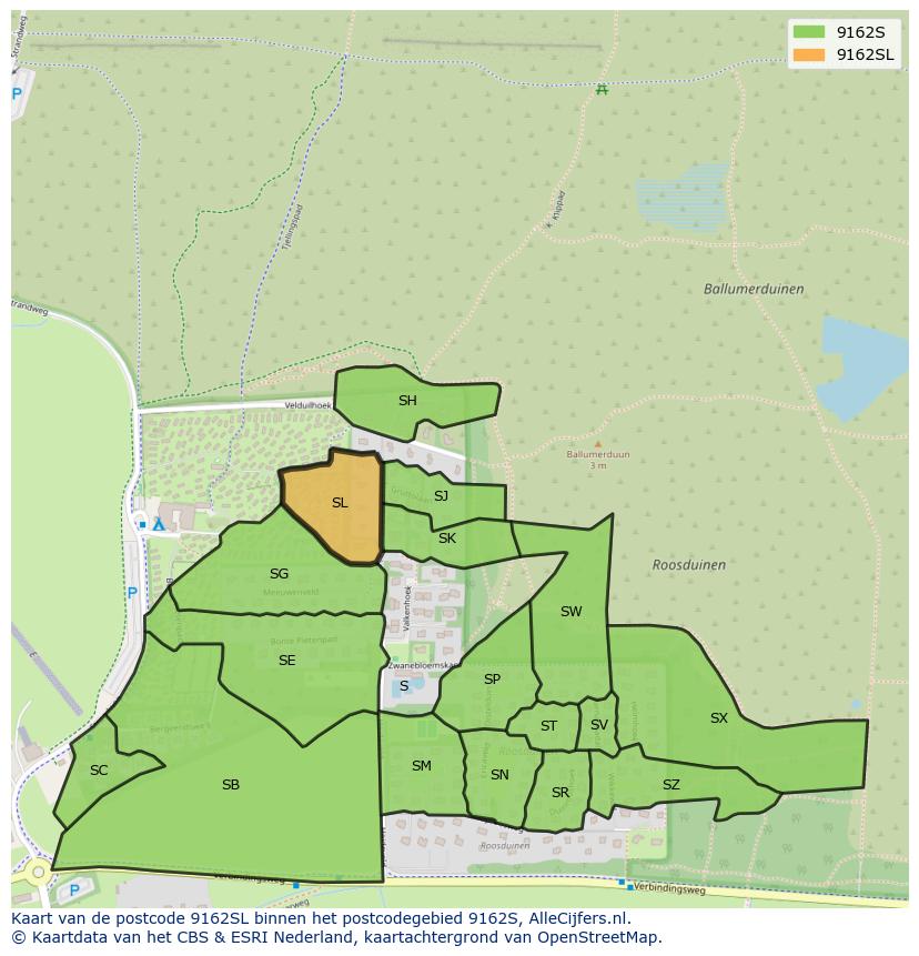 Afbeelding van het postcodegebied 9162 SL op de kaart.