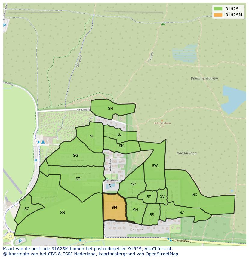 Afbeelding van het postcodegebied 9162 SM op de kaart.