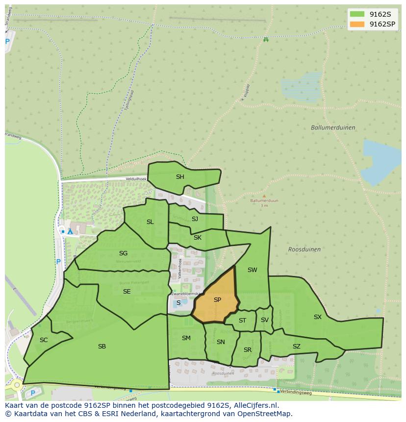 Afbeelding van het postcodegebied 9162 SP op de kaart.