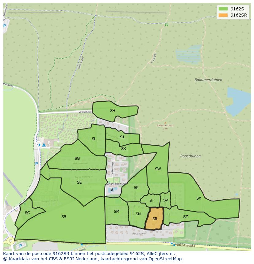 Afbeelding van het postcodegebied 9162 SR op de kaart.