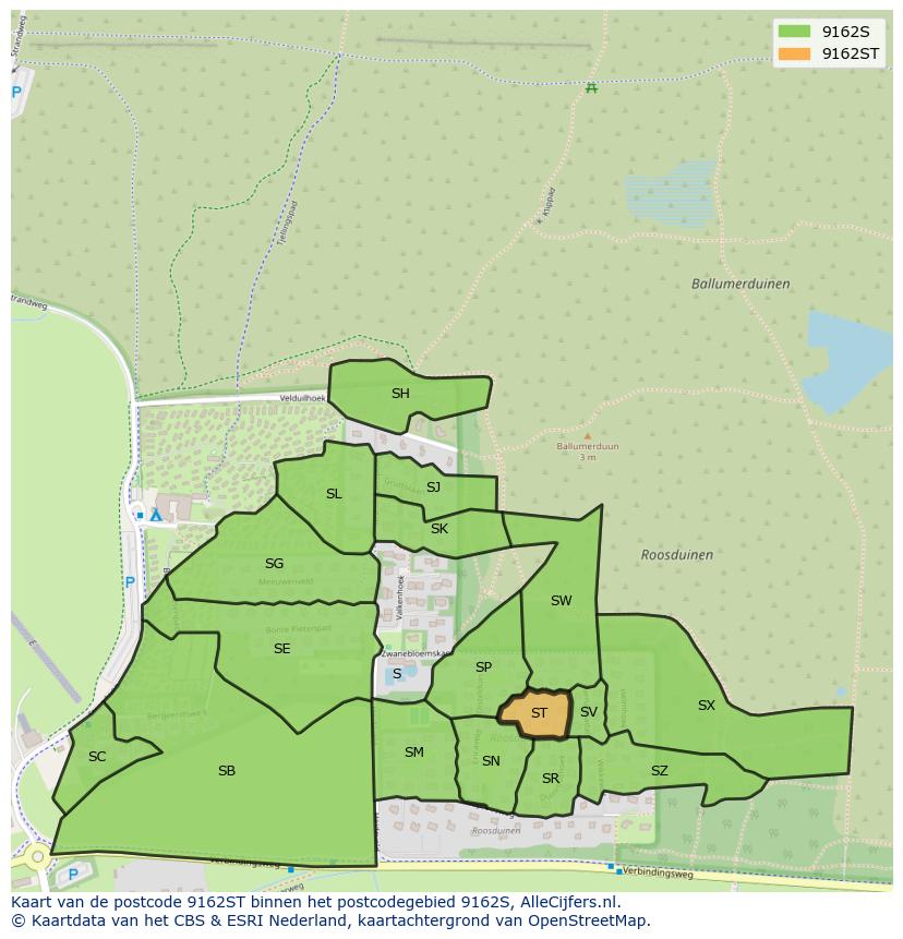 Afbeelding van het postcodegebied 9162 ST op de kaart.
