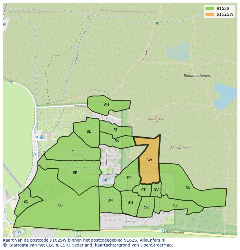 Afbeelding van het postcodegebied 9162 SW op de kaart.