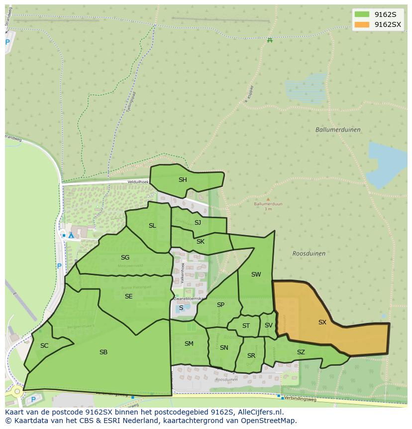 Afbeelding van het postcodegebied 9162 SX op de kaart.