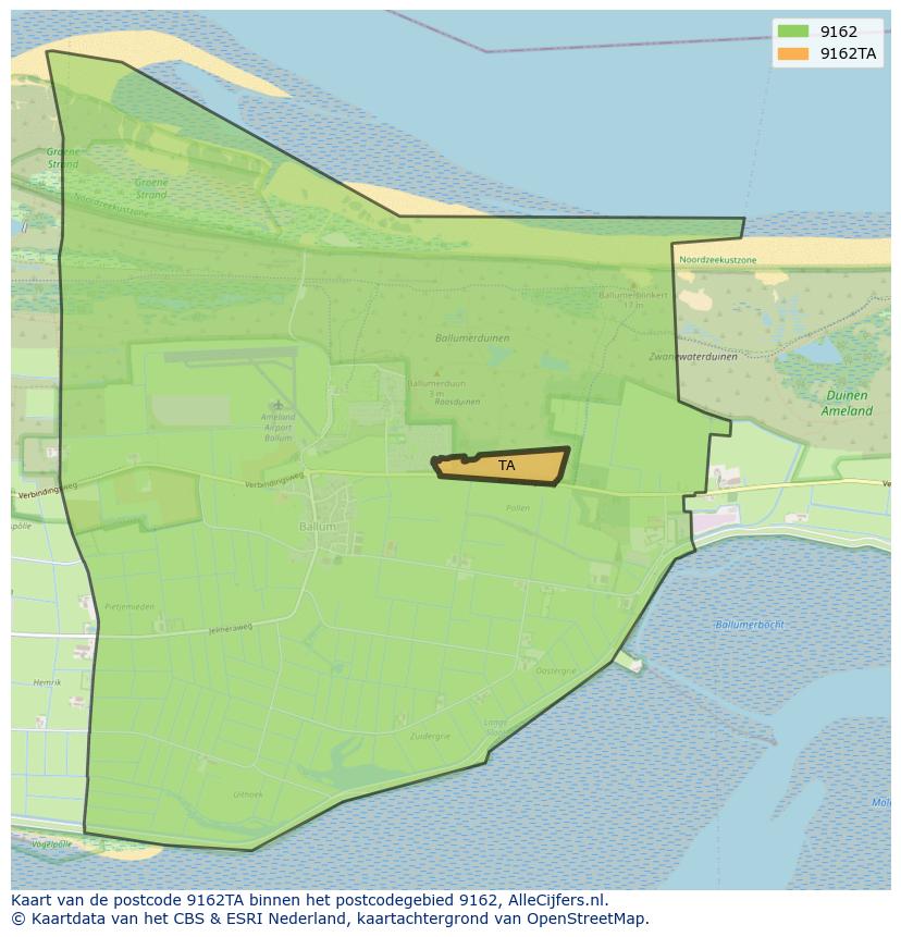 Afbeelding van het postcodegebied 9162 TA op de kaart.