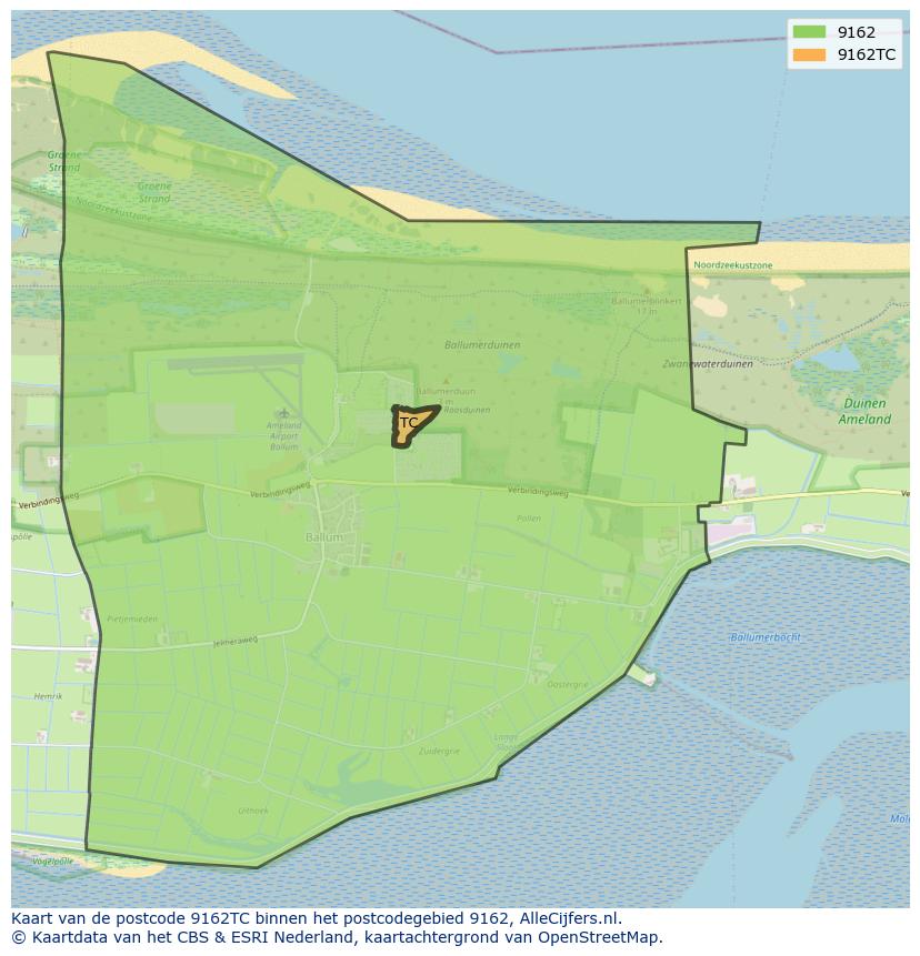 Afbeelding van het postcodegebied 9162 TC op de kaart.