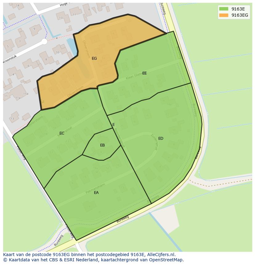 Afbeelding van het postcodegebied 9163 EG op de kaart.