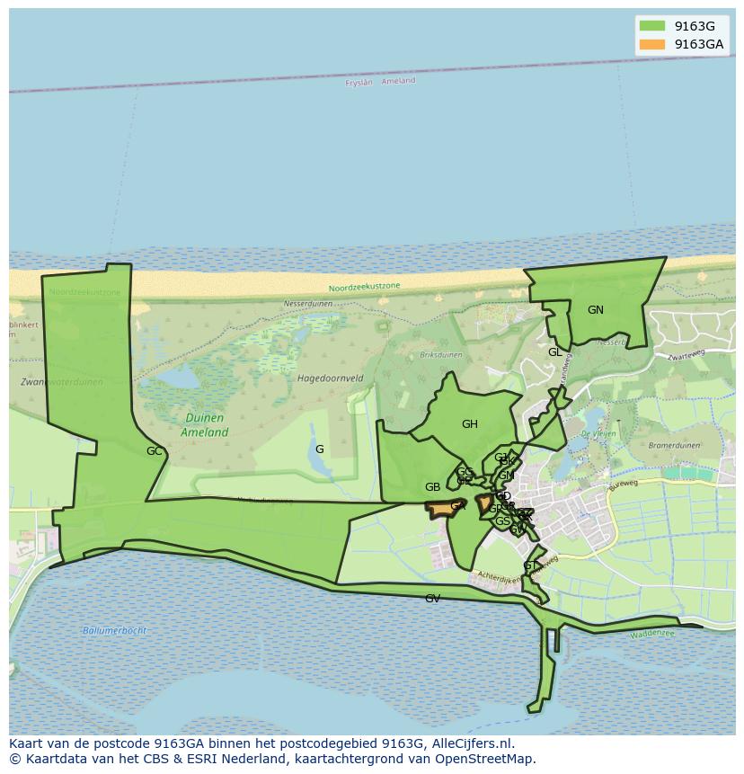 Afbeelding van het postcodegebied 9163 GA op de kaart.