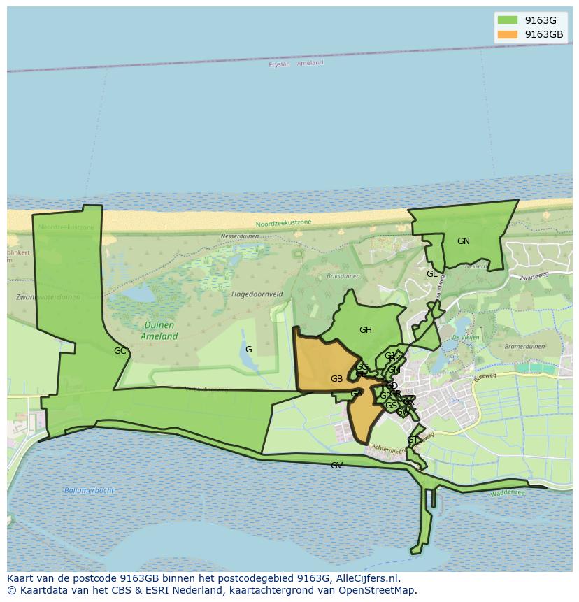 Afbeelding van het postcodegebied 9163 GB op de kaart.