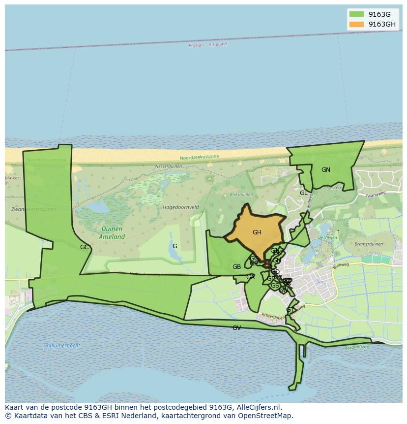 Afbeelding van het postcodegebied 9163 GH op de kaart.