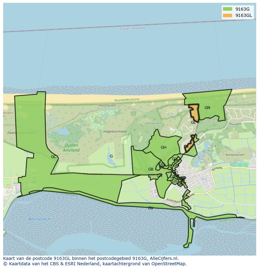 Afbeelding van het postcodegebied 9163 GL op de kaart.