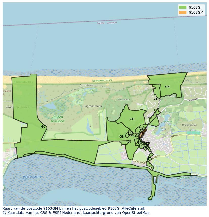 Afbeelding van het postcodegebied 9163 GM op de kaart.