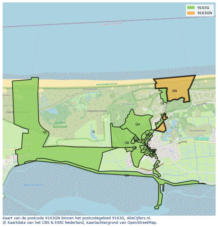 Afbeelding van het postcodegebied 9163 GN op de kaart.