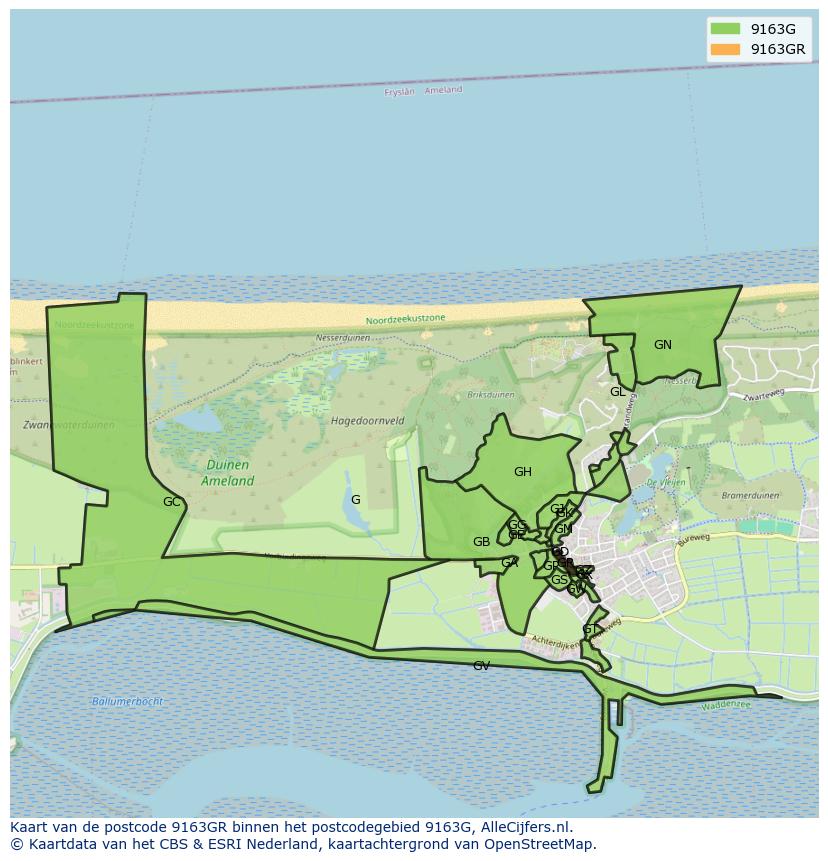 Afbeelding van het postcodegebied 9163 GR op de kaart.