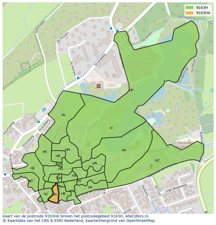 Afbeelding van het postcodegebied 9163 HA op de kaart.