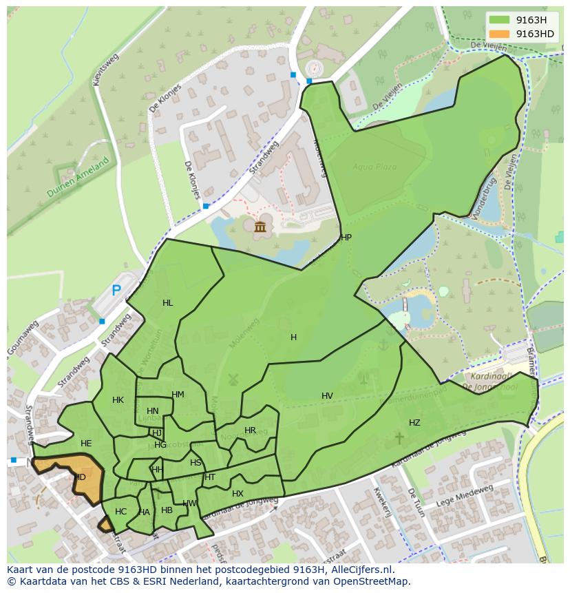 Afbeelding van het postcodegebied 9163 HD op de kaart.