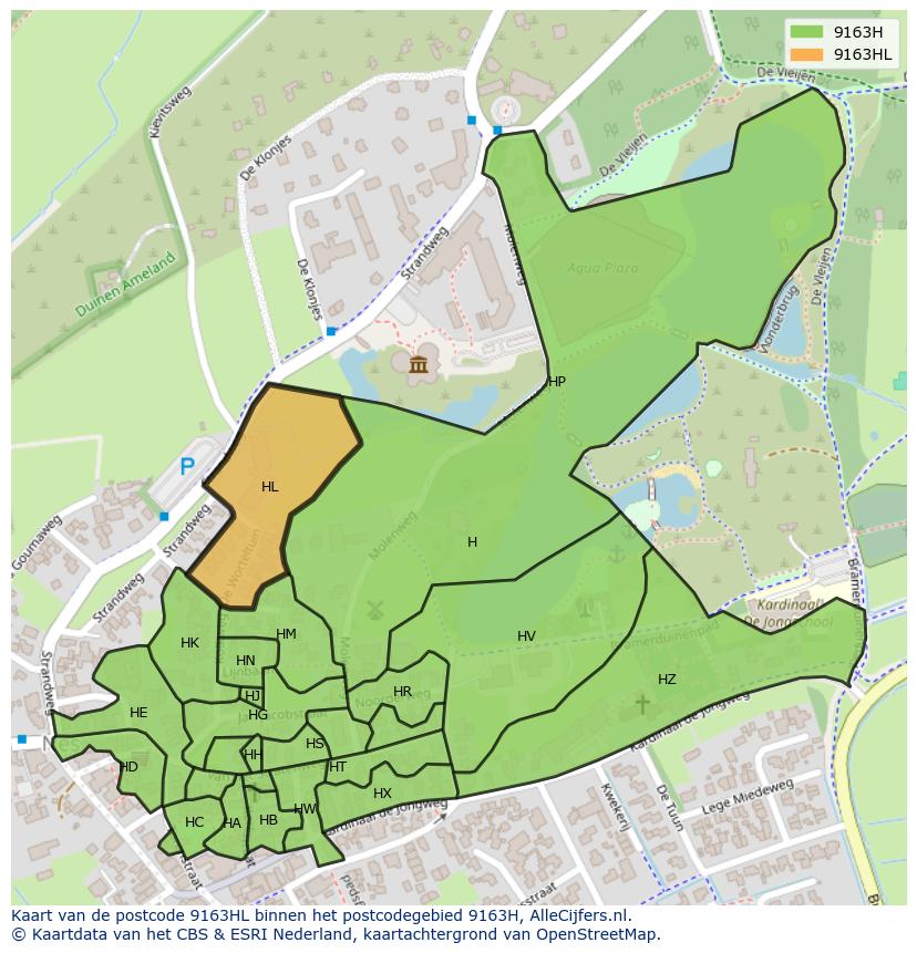 Afbeelding van het postcodegebied 9163 HL op de kaart.