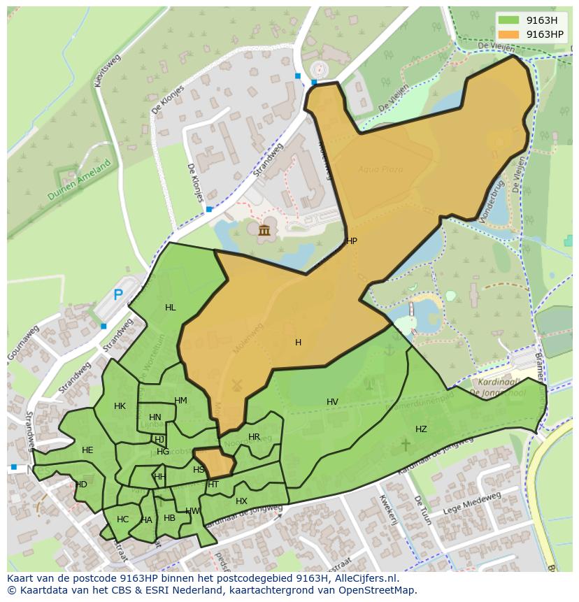 Afbeelding van het postcodegebied 9163 HP op de kaart.