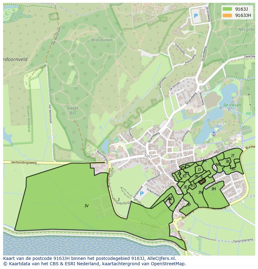 Afbeelding van het postcodegebied 9163 JH op de kaart.