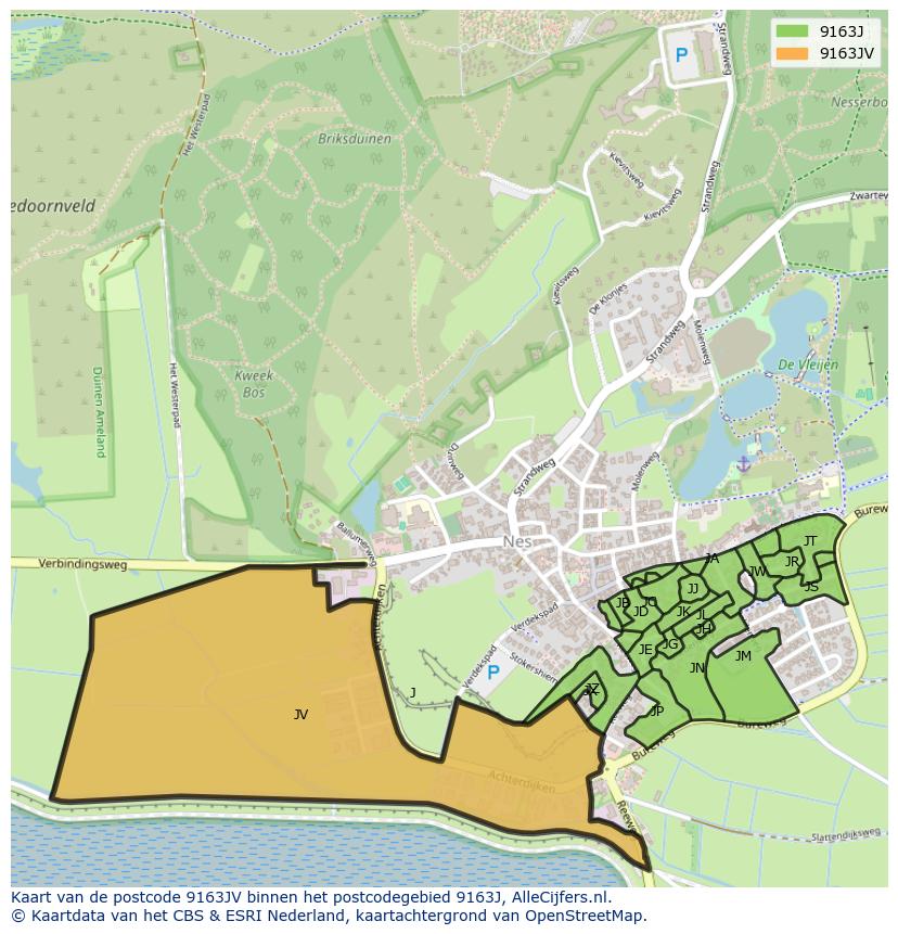 Afbeelding van het postcodegebied 9163 JV op de kaart.