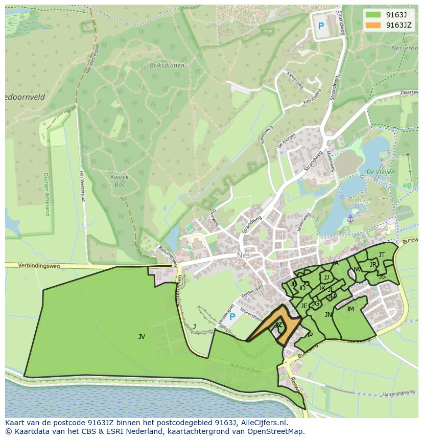 Afbeelding van het postcodegebied 9163 JZ op de kaart.
