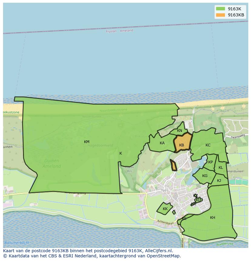 Afbeelding van het postcodegebied 9163 KB op de kaart.