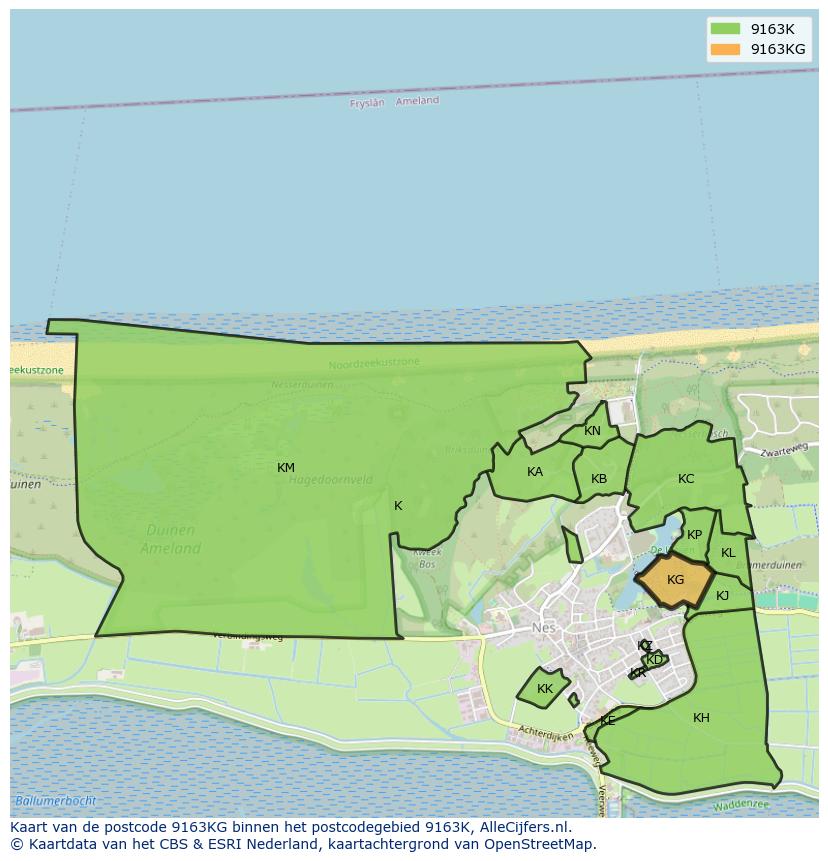 Afbeelding van het postcodegebied 9163 KG op de kaart.